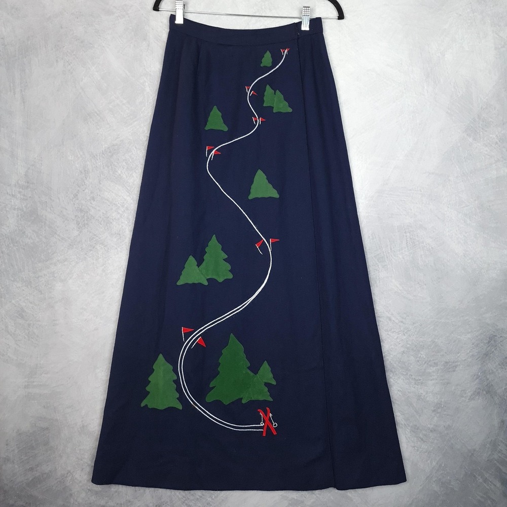 Vintage Ski Scene Wrap Skirt Womens Small Blue Wool Maxi Embroidered Trees